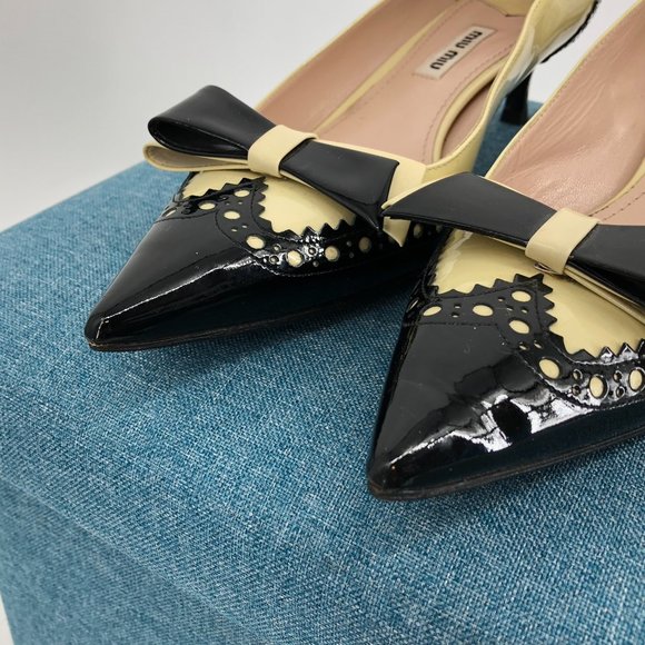 Miu Miu Two Tone Patent Leather Double Bow Pointed Toe kitten heels Size 6.5 - Picture 12 of 16